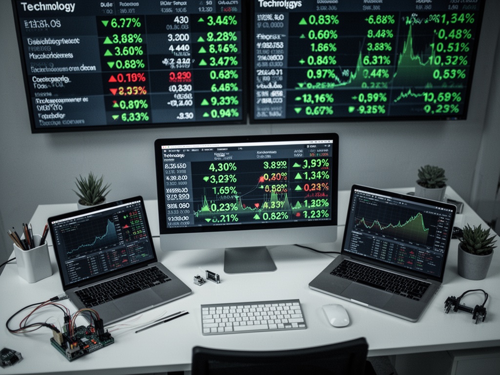 Stock market display boards showing percentage gains in green across multiple technology sector indices.