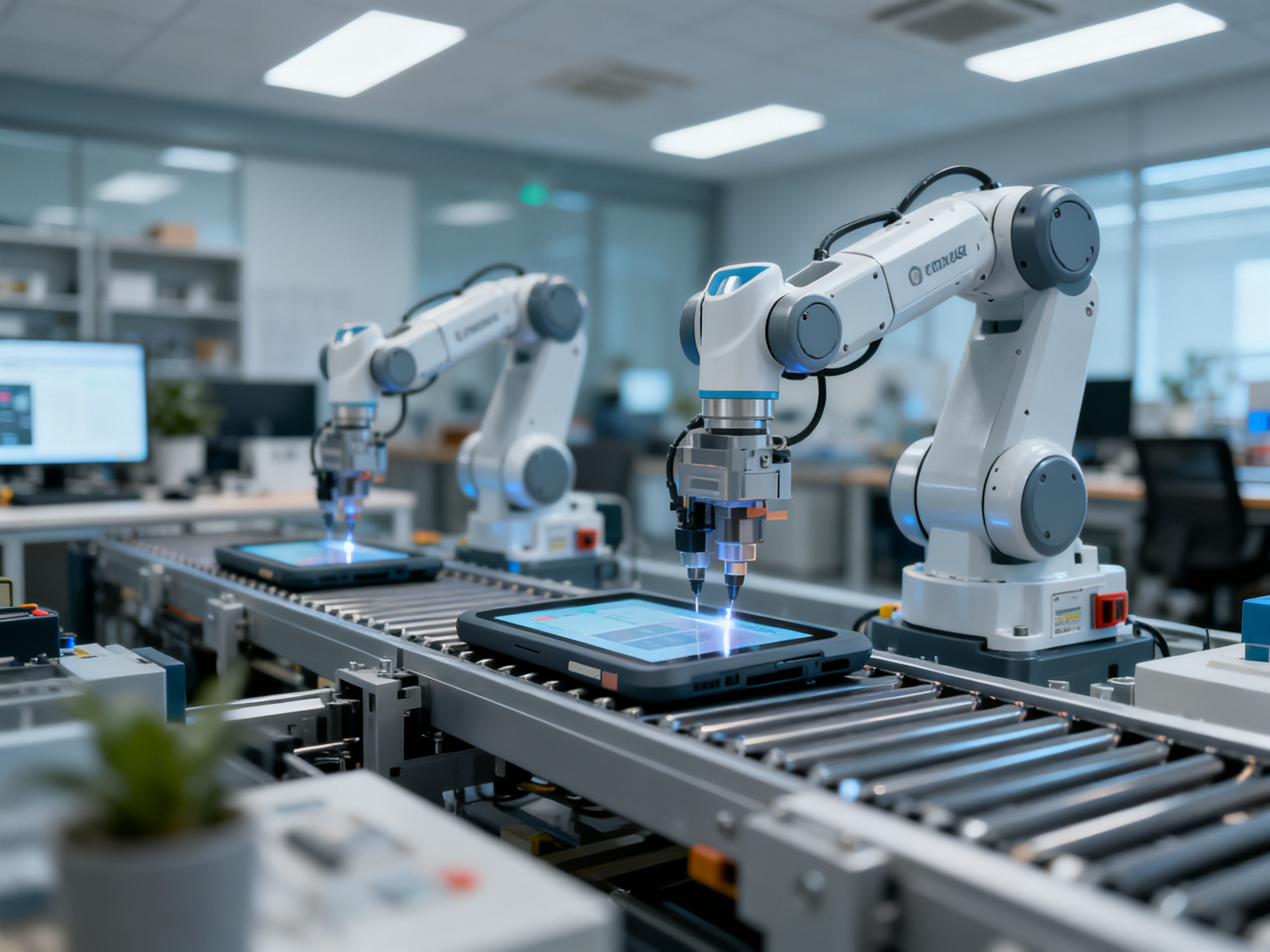 Close-up of manufacturing facility with industrial robots operating on production line, showing automation equipment in action.