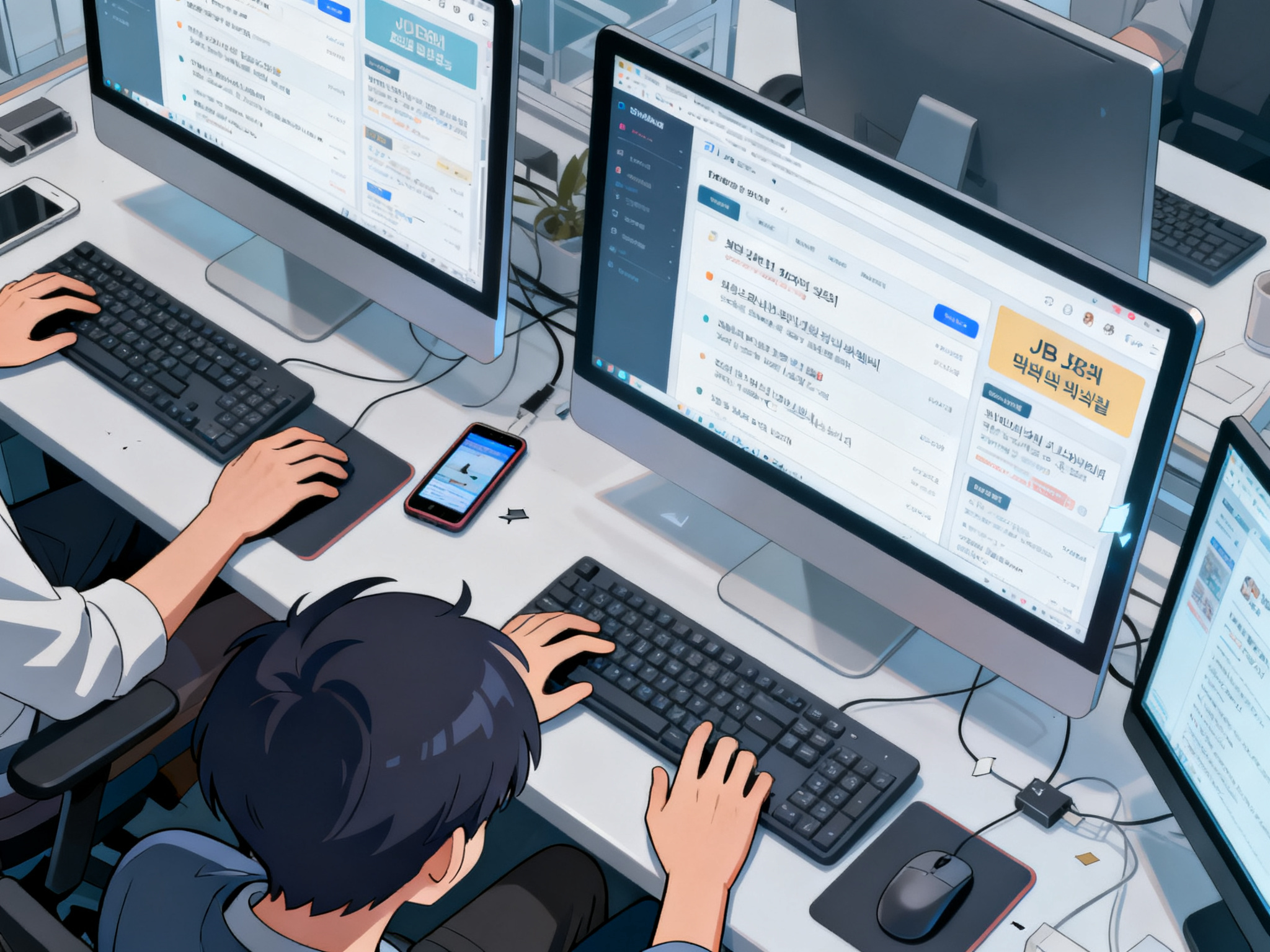Office workspace showing job seekers reviewing employment listings on computers, with multiple screens displaying recruitment data.