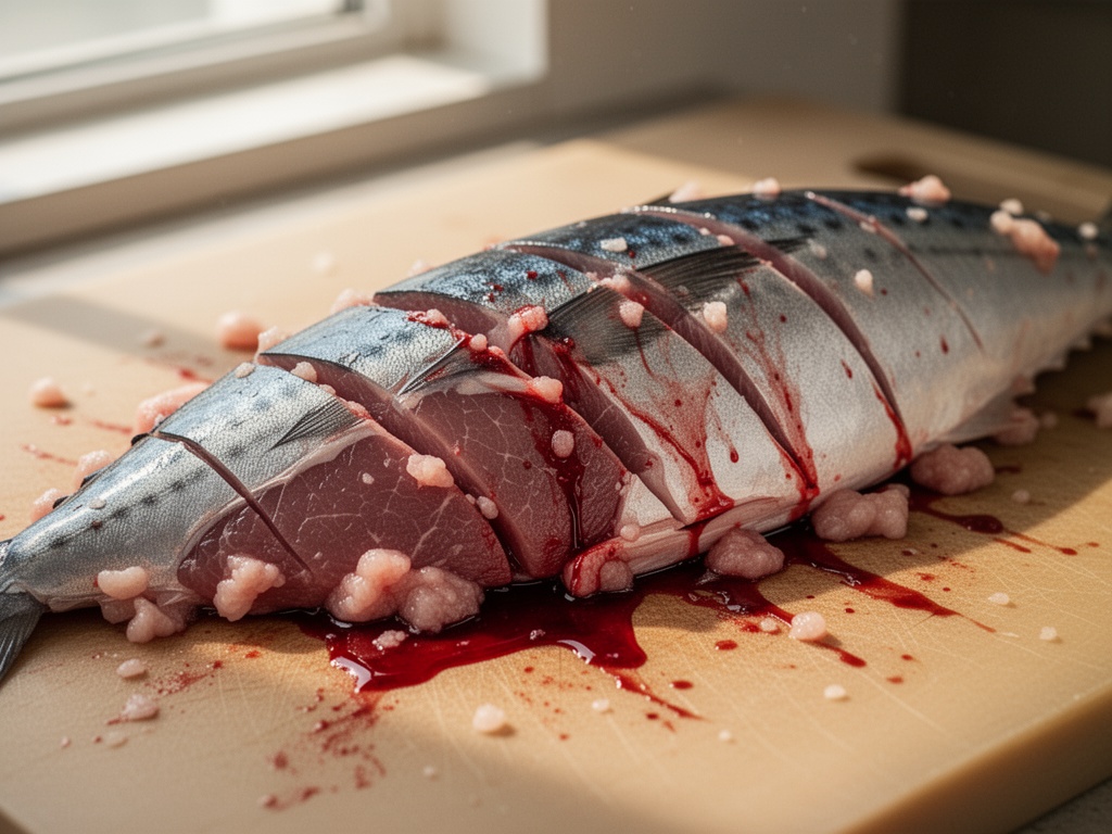 Raw fish and meat protein particles, blood, and fat seeping deep into knife cuts on a cutting board surface.
