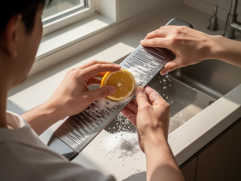 Hands rubbing lemon half along blade grooves, or sprinkling coarse salt and baking soda to neutralize odor and lift debris.
