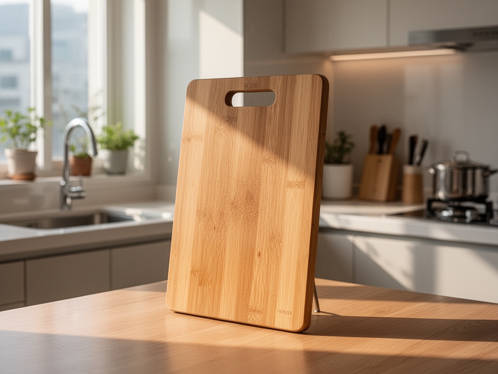 A clean wooden cutting board standing vertically in a well-ventilated Korean kitchen, air-drying completely before storage.