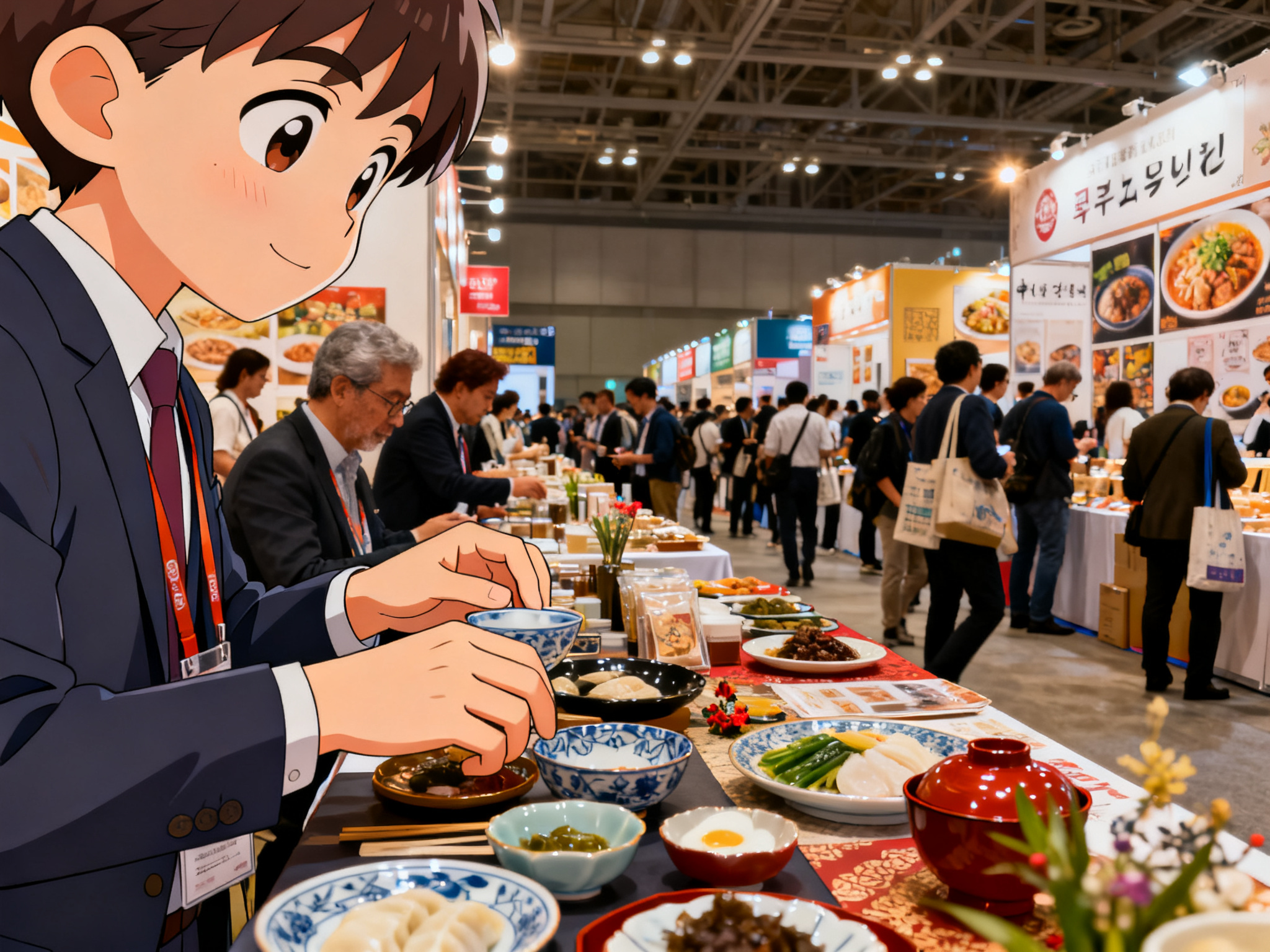 Crowded convention center floor with hundreds of food company booths and international buyers examining product samples at tables.