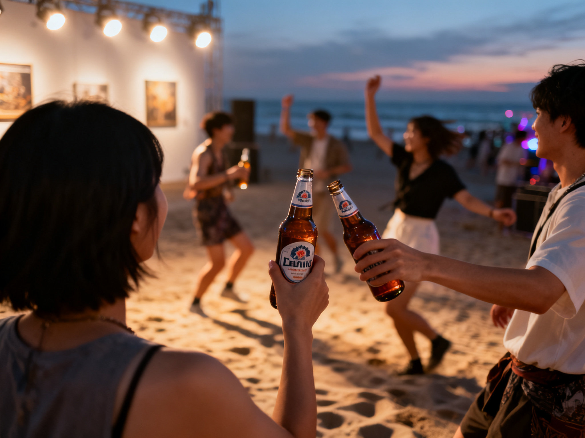 Young attendees dancing and celebrating at an outdoor beachfront music festival, holding branded drink bottles under evening lights.