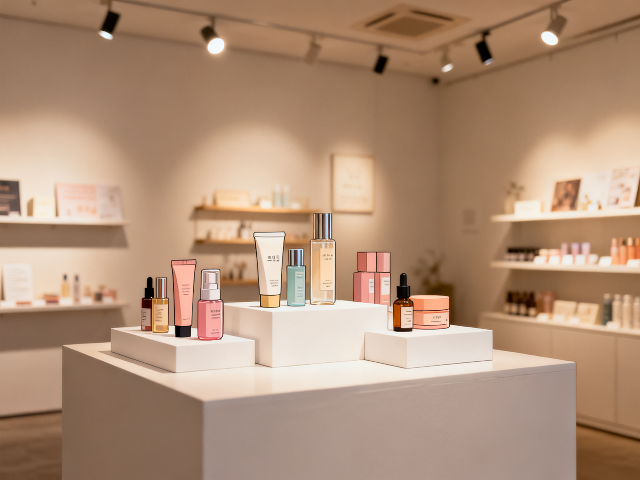 Popup store interior with minimalist shelving, beauty products arranged on white platforms, and soft ambient lighting creating an upscale retail atmosphere.