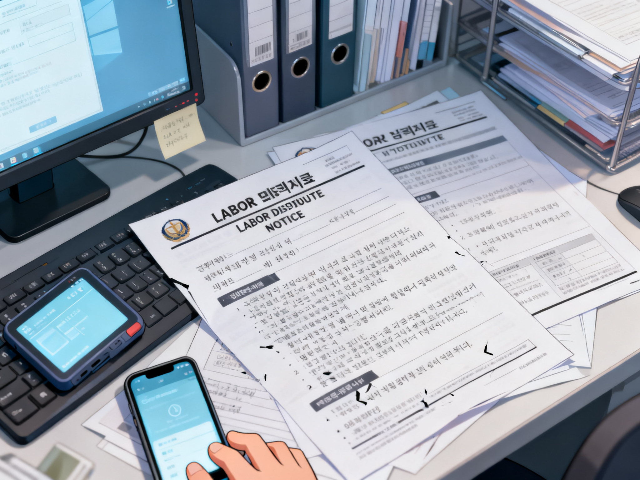 Labor dispute notice documents and procedural guideline papers spread across an office desk with filing systems.