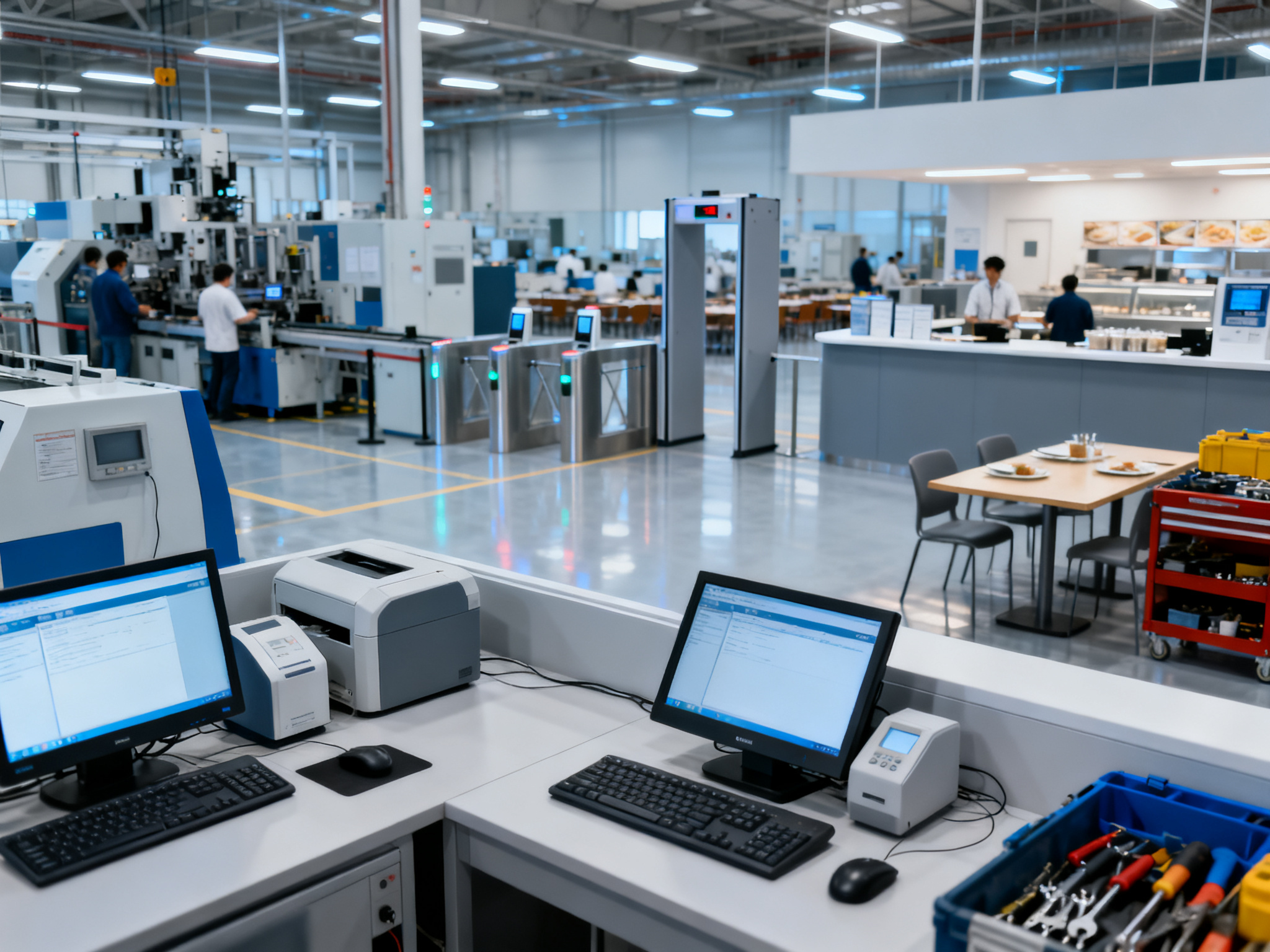 A factory floor with both production and support staff areas—cafeteria, security checkpoint, and maintenance zones—representing expanded bargaining scope.