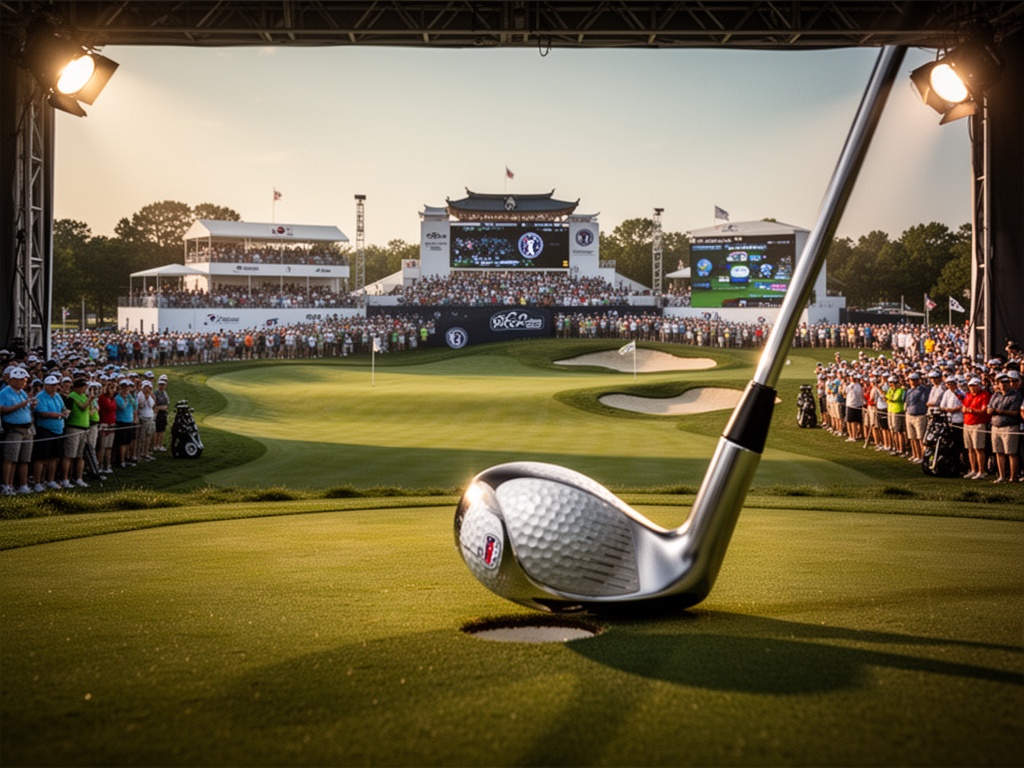 Golf tournament fairways and crowds gathering at a PGA Tour event venue in McKinney, Texas under clear skies.