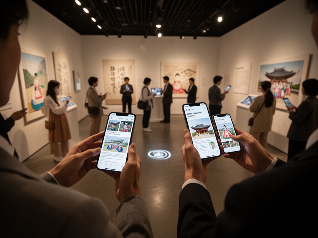 Visitors engaging with AR interactive zones and photo installations inside the experience pavilion, holding smartphones and exploring Korean cultural content.