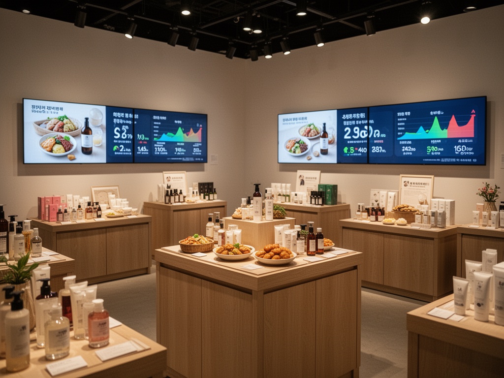 Display counters of Korean beauty, food, and lifestyle products arranged throughout the pavilion with increased sales revenue metrics visible on digital screens.
