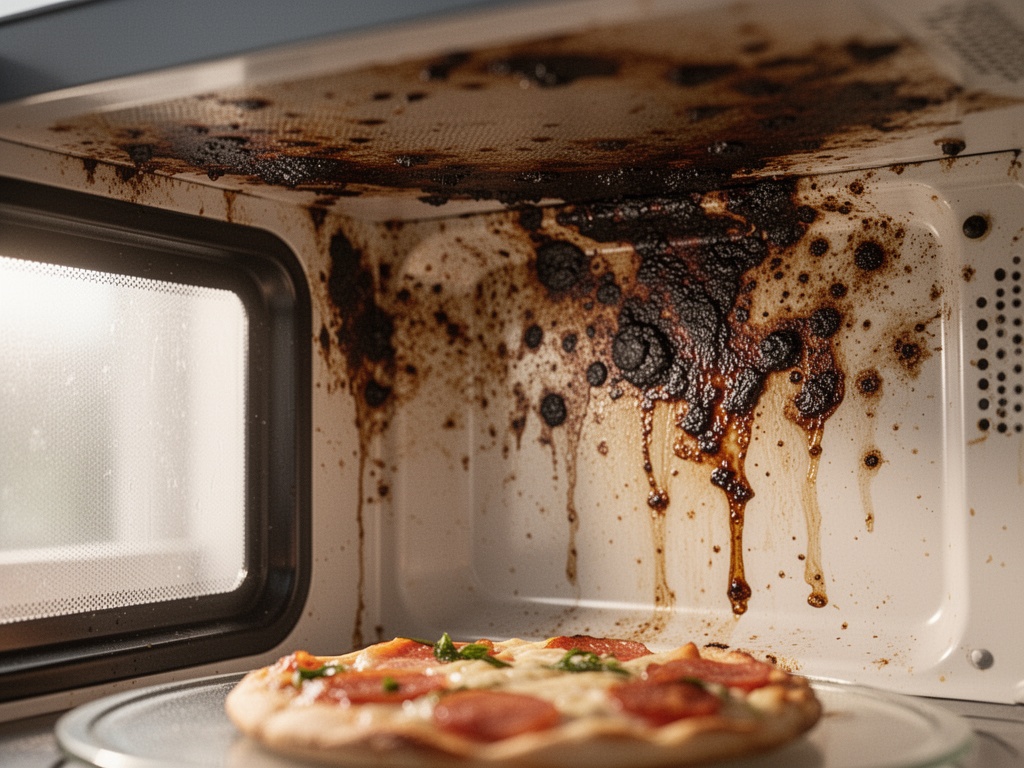 Close-up of microwave interior showing thick, darkened grease buildup and carbonized spots on ceiling and walls.