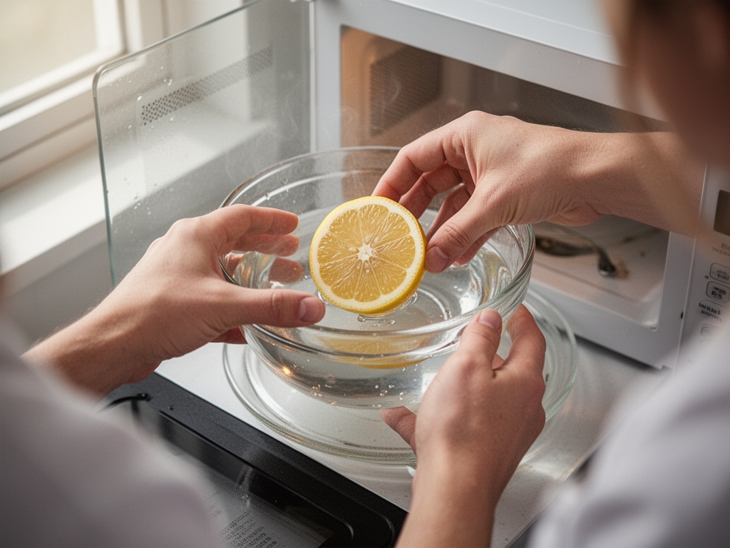 Hand placing halved lemon and water in a clear glass bowl, then setting it inside the microwave for steaming.