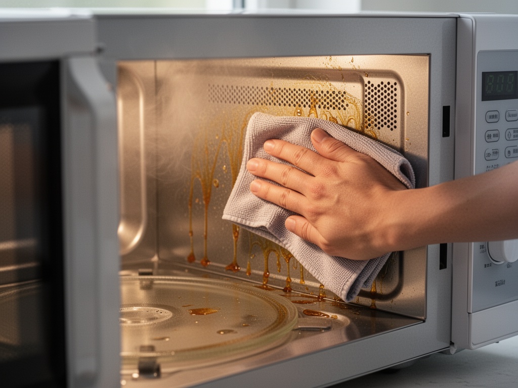 Hand wiping microwave interior walls with a dry cloth after steam treatment, revealing dissolved oil film easily coming away.