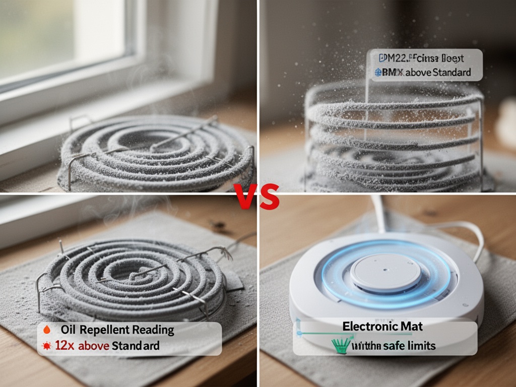 A comparison display showing PM2.5 dust levels: coil repellent reading 12x above standard, electronic mat reading within safe limits.