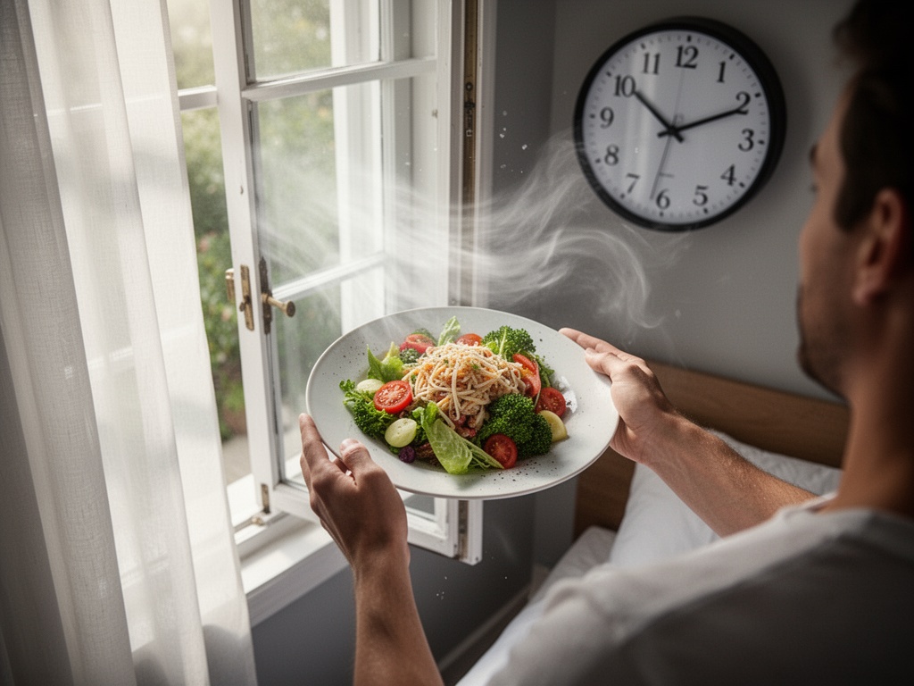 Hands opening a window in a bedroom with a clock showing 30 minutes before sleep time, fresh air flowing inward.