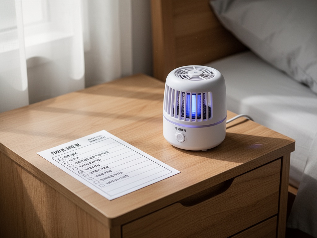 A nightstand with an electronic liquid mosquito repellent device unplugged and a checklist card placed nearby on Korean bedside table.