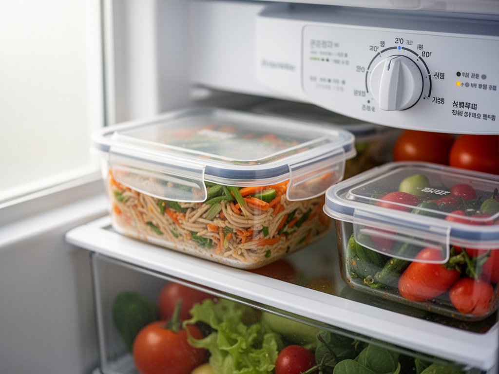Close-up of sealed food containers and fresh ingredients stored properly in a Korean home refrigerator with temperature dial set to optimal range.