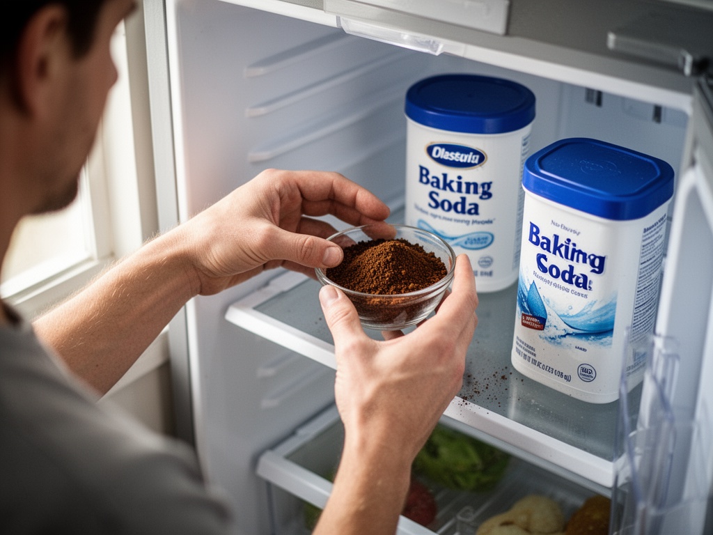 Hands placing dried coffee grounds into a small glass bowl and positioning it on a refrigerator shelf next to baking soda container.