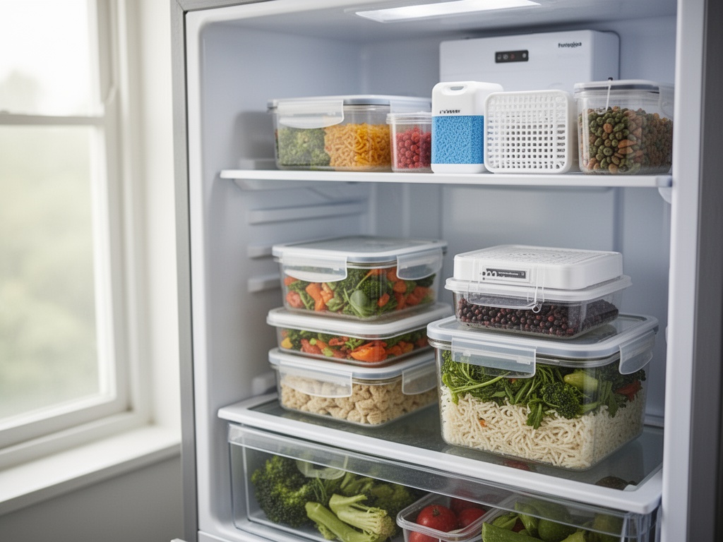 Interior view of an organized, clean refrigerator with deodorizing materials strategically placed and food containers tightly sealed, eliminating odors.