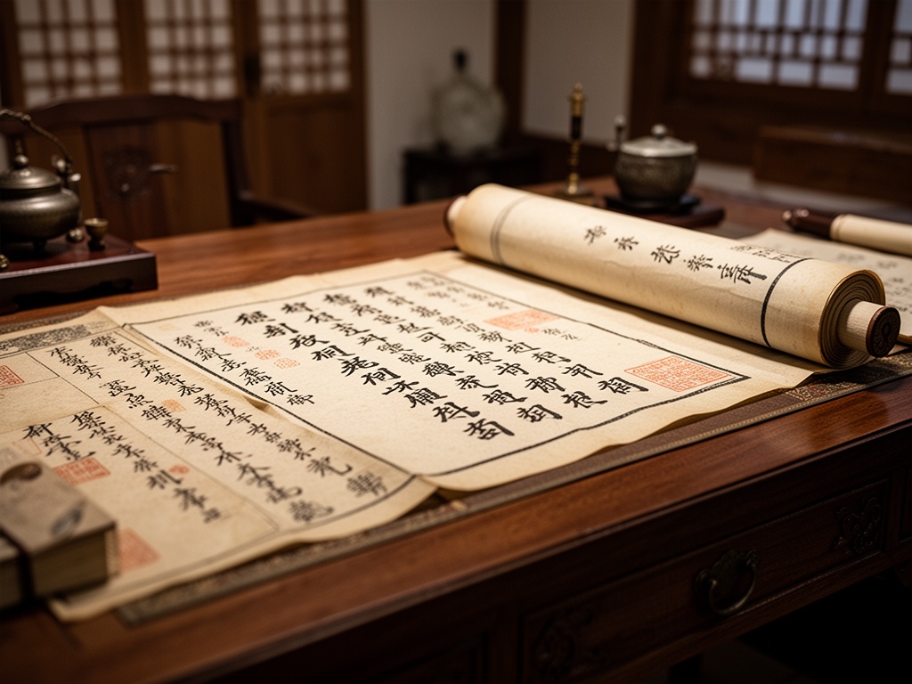 Historical Korean documents and calligraphy from the Joseon period displayed on a wooden desk in a Korean study.