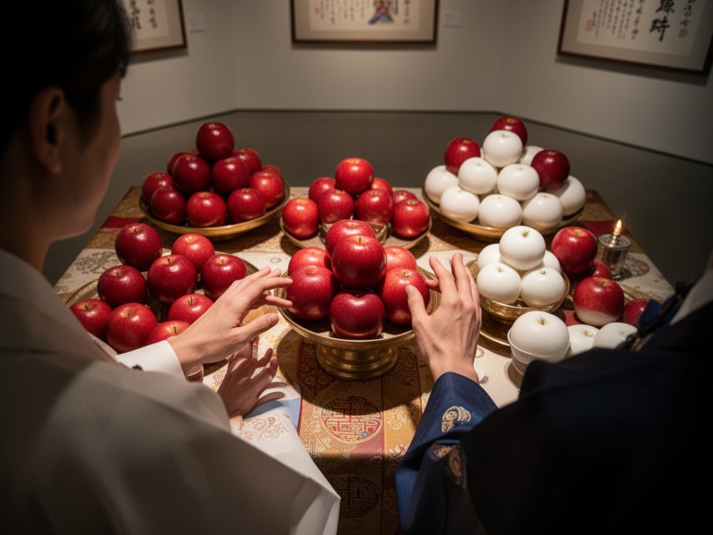 Hands arranging red and white fruits on a ritual table, showing the misconceived 'hongdong-baekseo' placement rule.