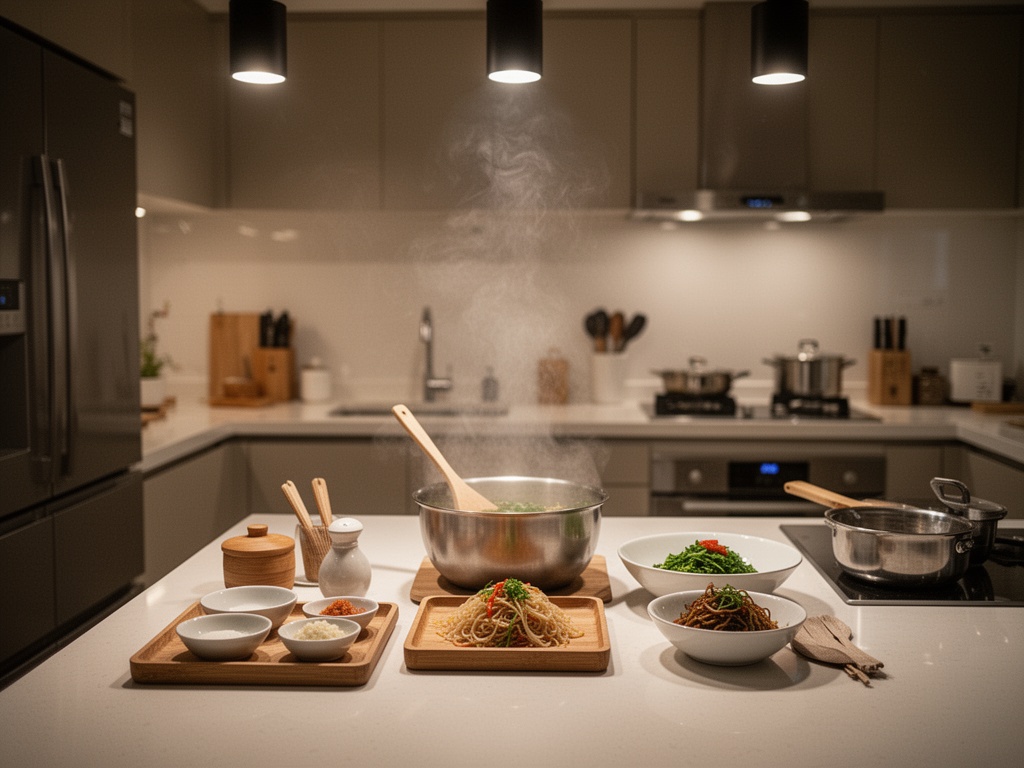 A modern Korean family kitchen with simplified ritual food preparation, cost-effective and time-efficient, without fried items.