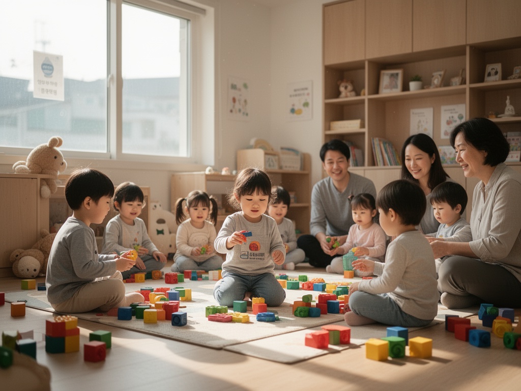 Child engaged in group play activity at a community childcare sharing center with other families.
