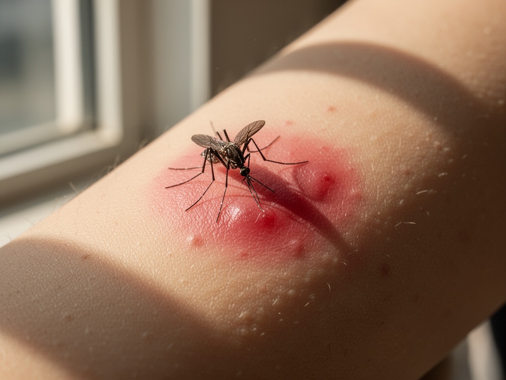 Close-up of a mosquito bite showing redness and swelling on an arm after the insect withdrew.