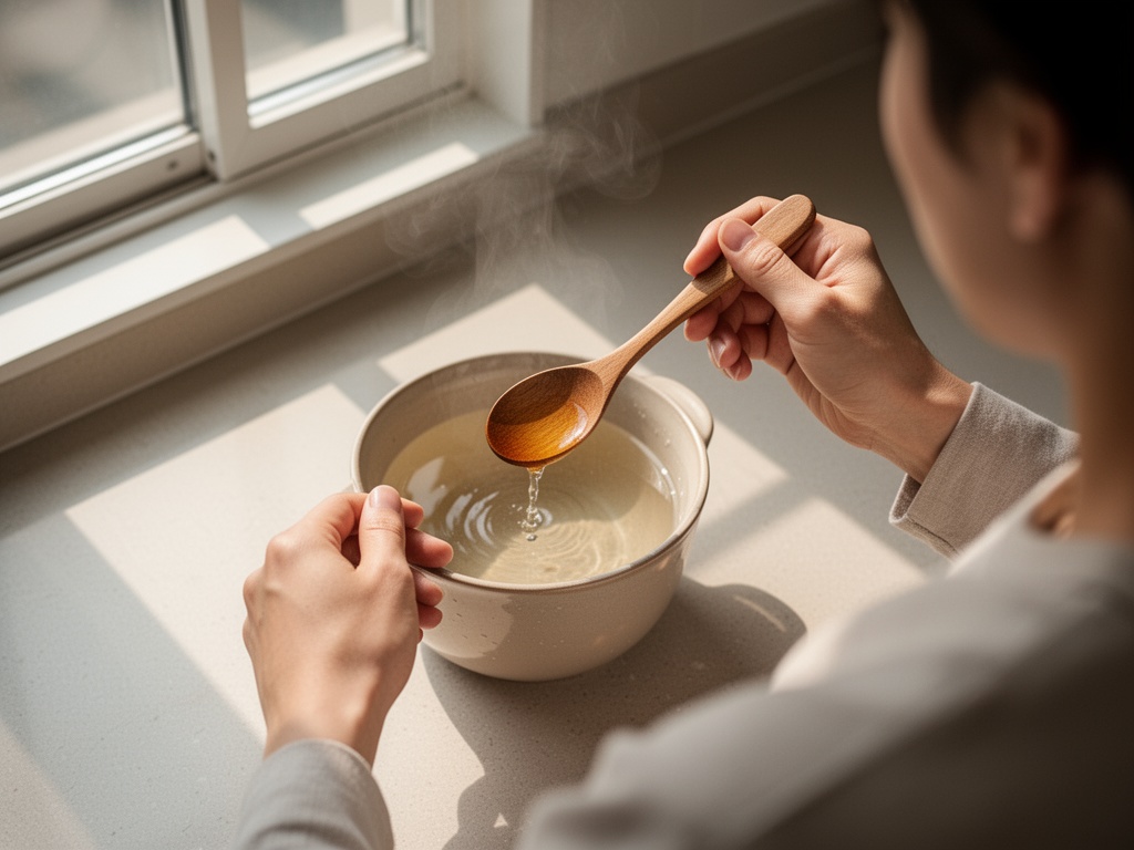 Hands holding a warm spoon over hot water for 30 seconds before applying it to the bite area.