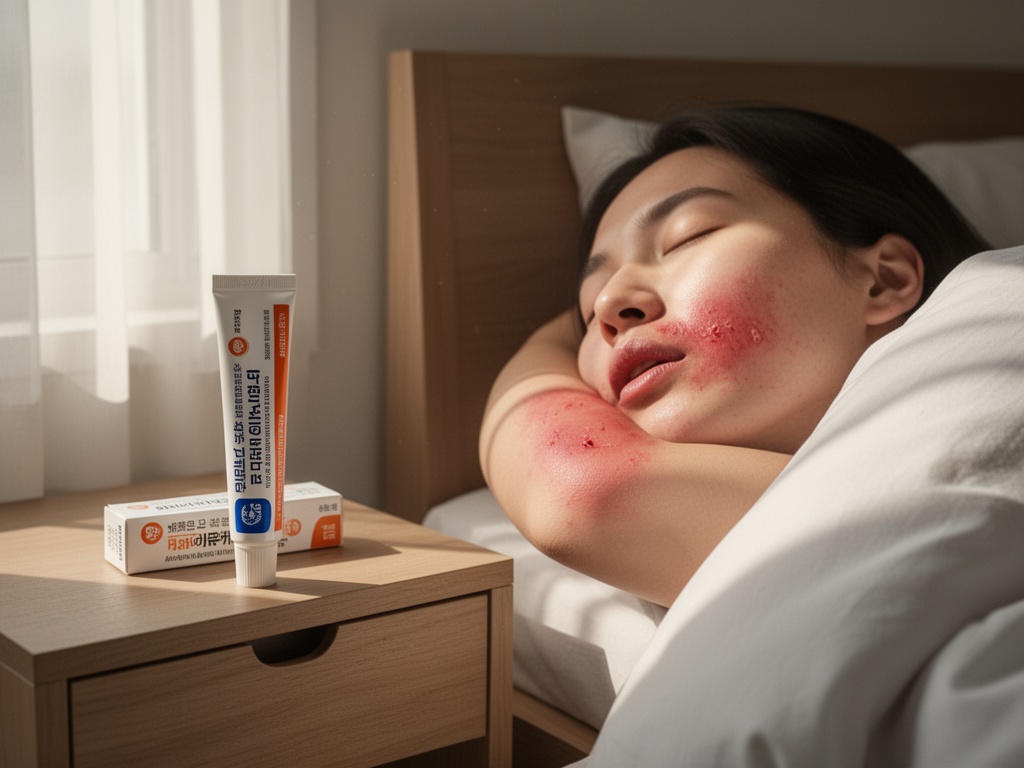 The same bite area visibly less inflamed and red, with a tube of antihistamine ointment nearby on a bedside table.