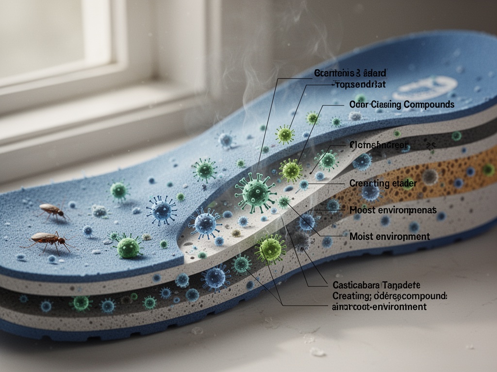 Cross-section diagram showing bacteria trapped in shoe insole layers, creating odor-causing compounds in a moist environment