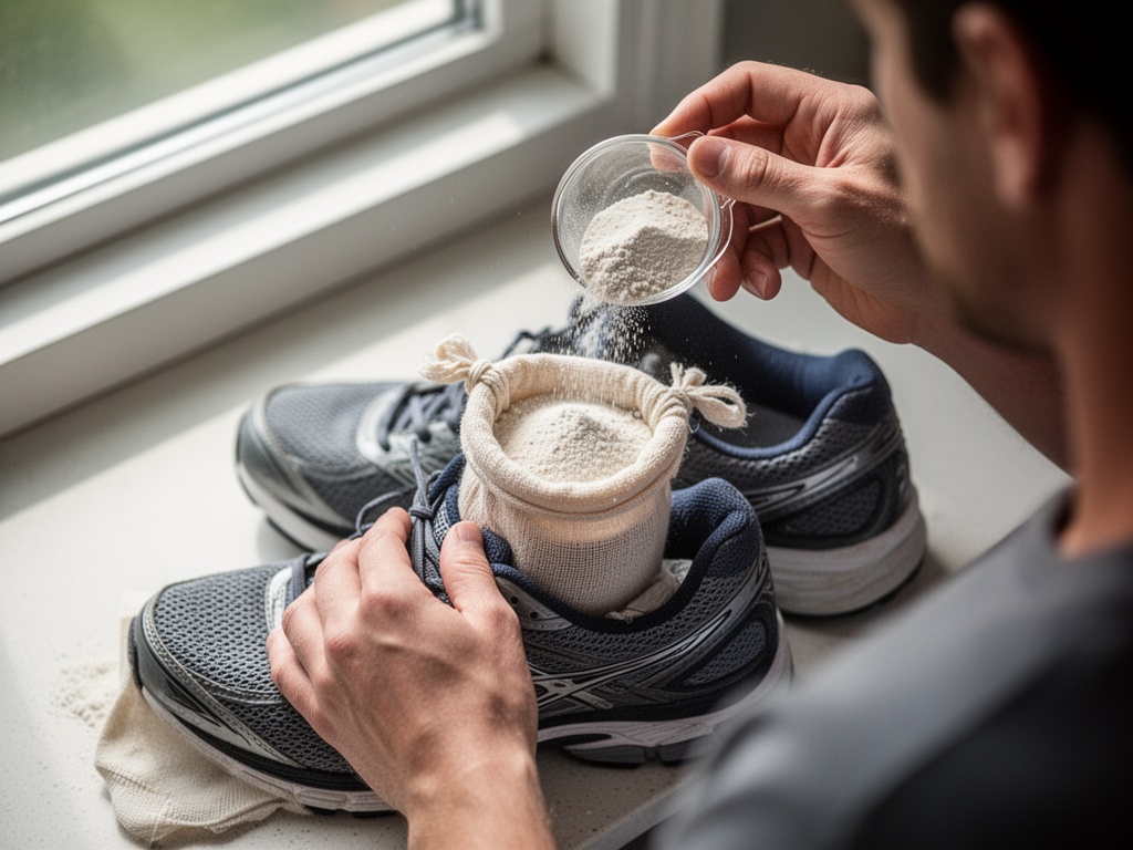 Hands pouring measured powder into a cotton sock, then placing the tied sock inside an athletic shoe overnight