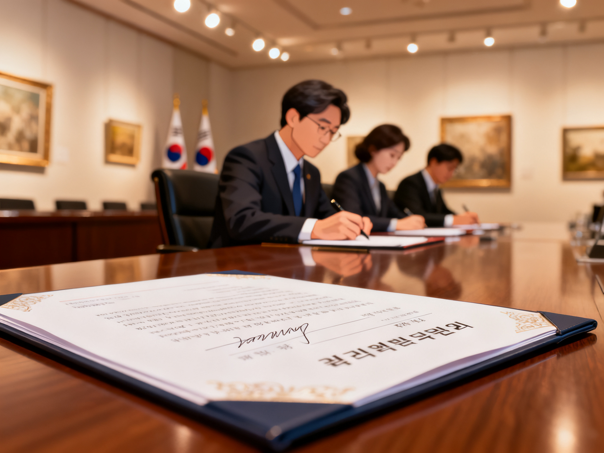 A conference room with business-suited officials seated at a table signing a memorandum of understanding document.