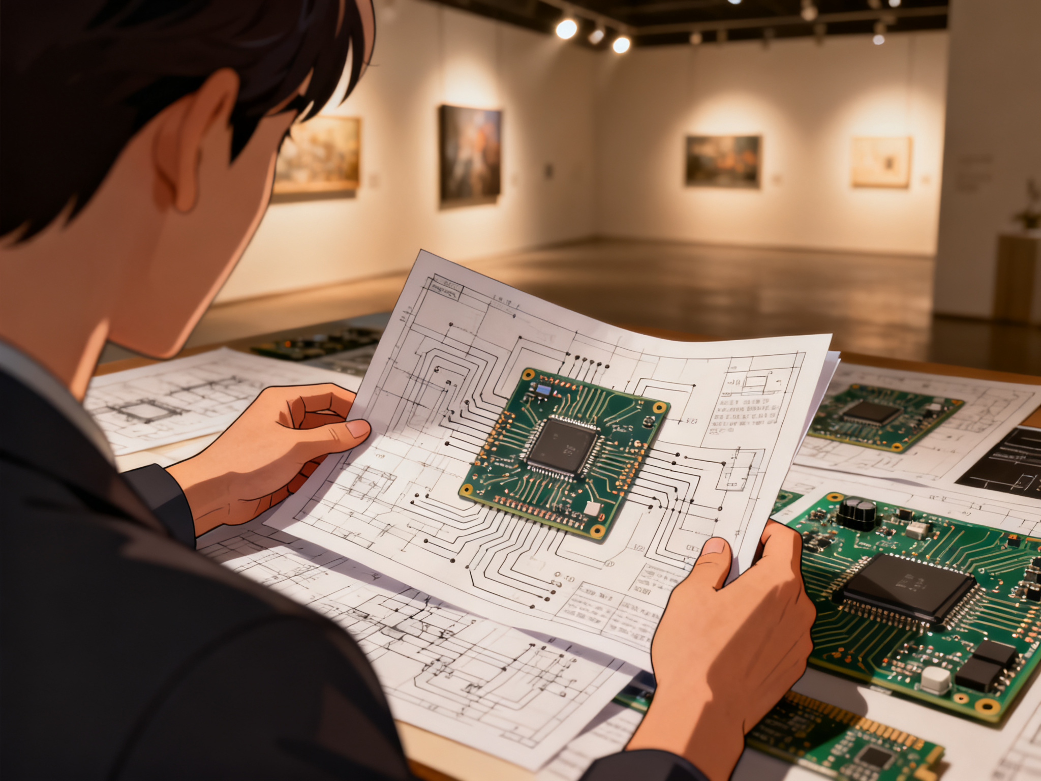 Close-up of hands holding technical blueprints and semiconductor circuit board designs spread across a workspace.