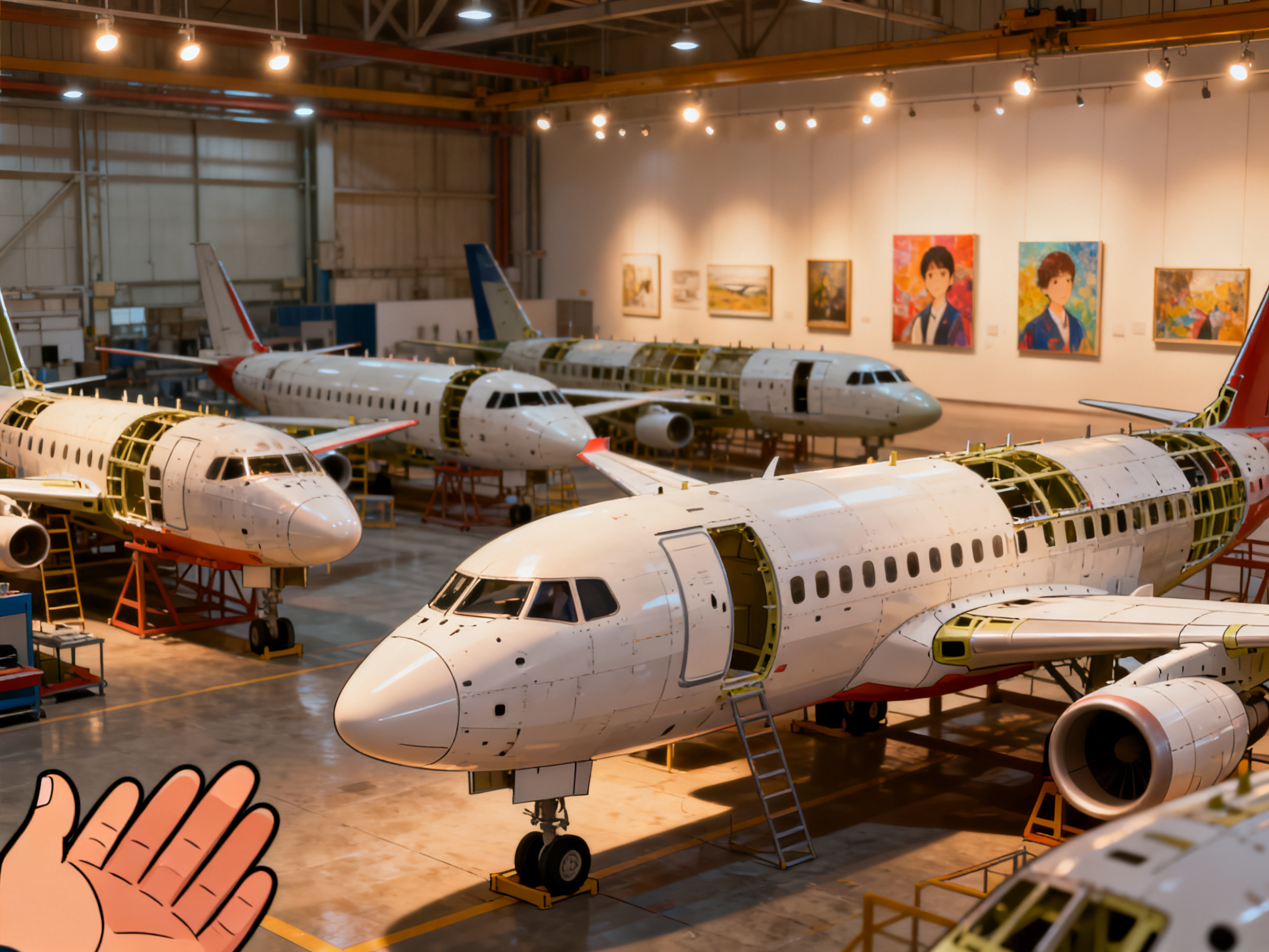 An expansive view of an aerospace factory floor with multiple aircraft fuselages in various assembly stages under industrial lighting.