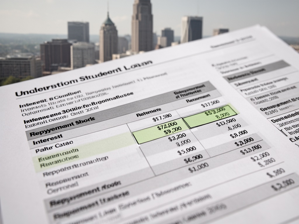 Close-up of a university student loan document with interest calculation details and repayment schedule highlighted.