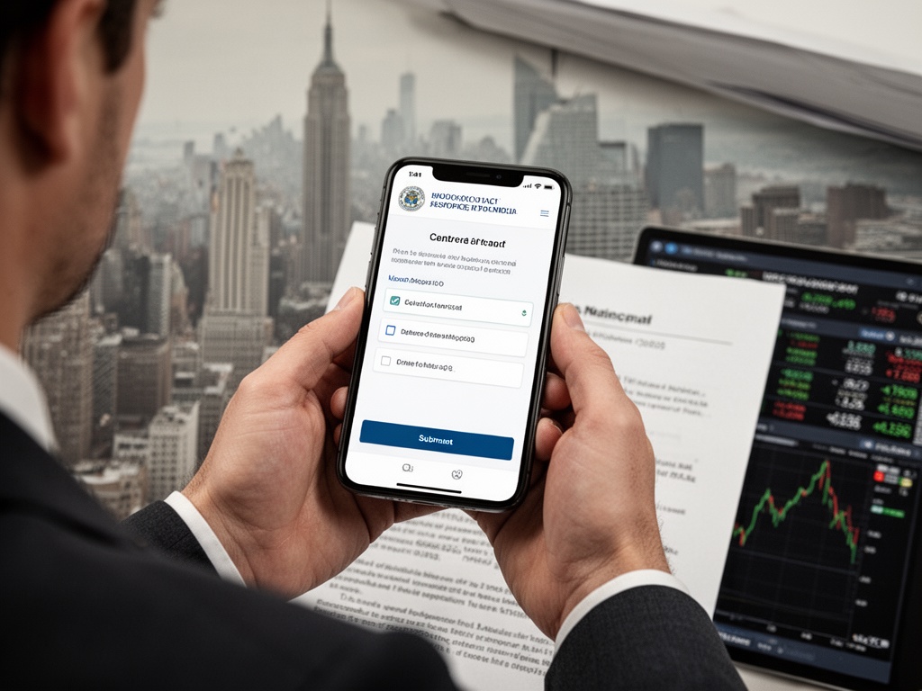 Hands holding a smartphone displaying an official municipal application portal form with checkbox selections and submission button visible.