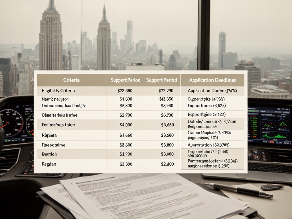 Spreadsheet comparison table showing three columns of eligibility criteria, support periods, and application deadlines across regions.