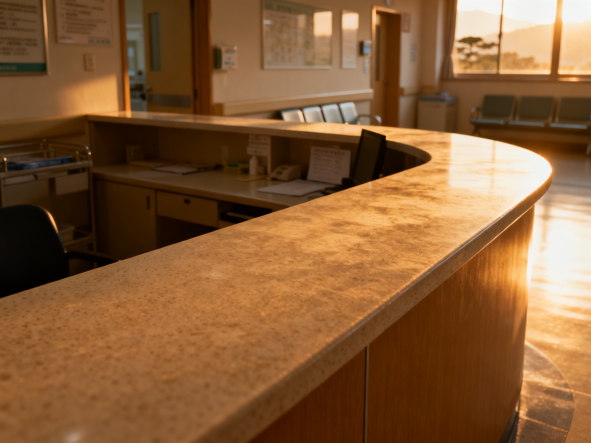An empty admission desk in a clinic waiting area, showing the shortage of medical resources and limited capacity