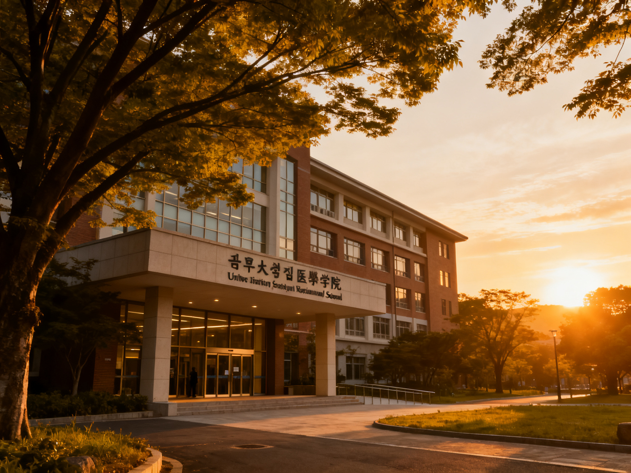 A university campus building entrance at dusk, illustrating the proposed medical school facility addressing regional healthcare needs