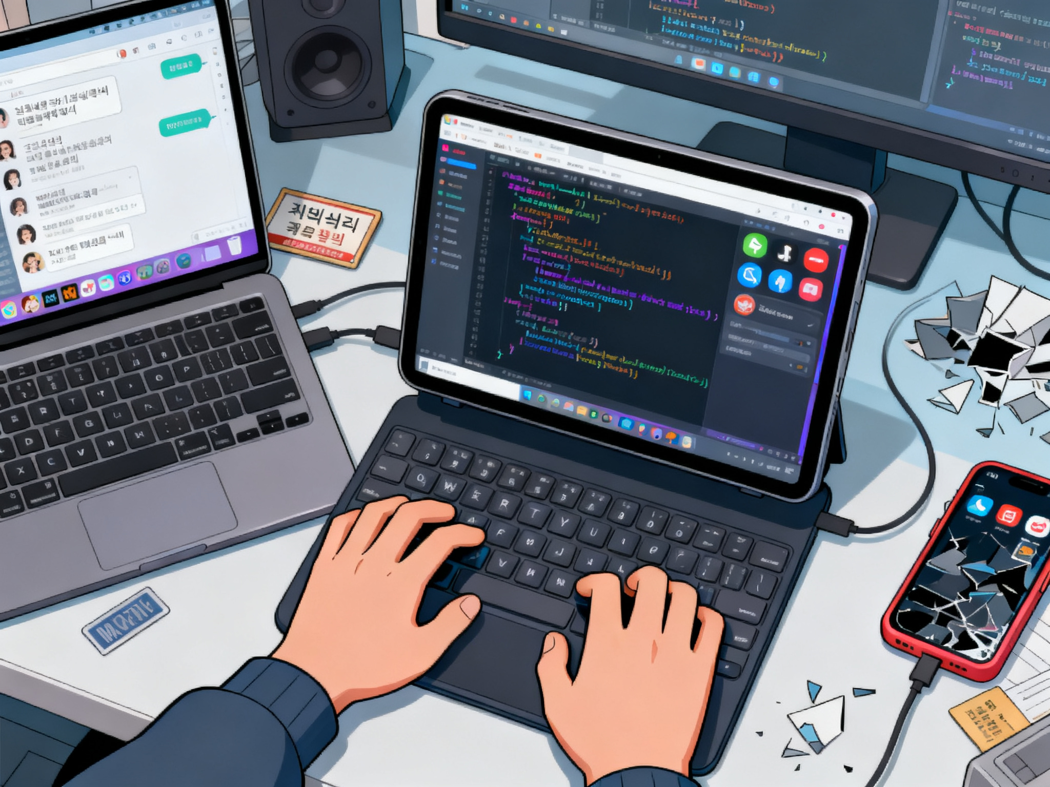 Hands typing complex code queries into a unified platform combining chat, coding, and third-party application integrations.