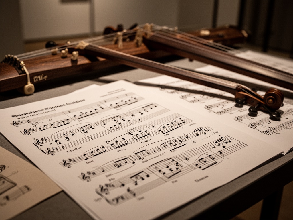 Close-up of sheet music and instruments arranged on a practice table showing diverse repertoire and cultural collaboration details.