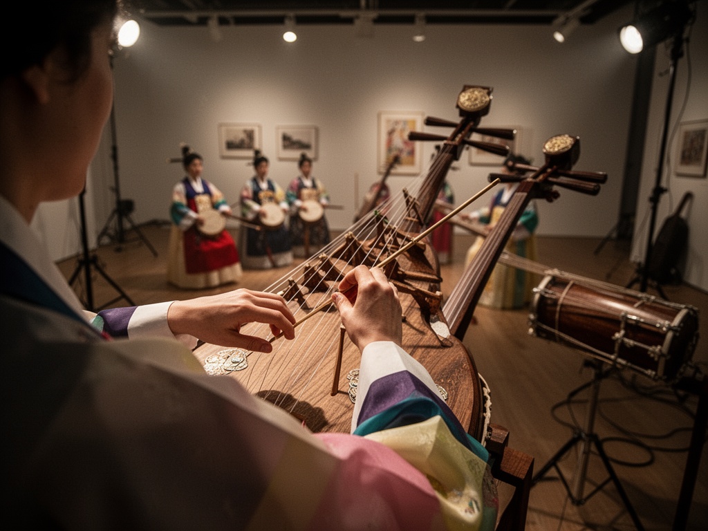 Hands of performers tuning strings and preparing instruments backstage before the festival performance begins.