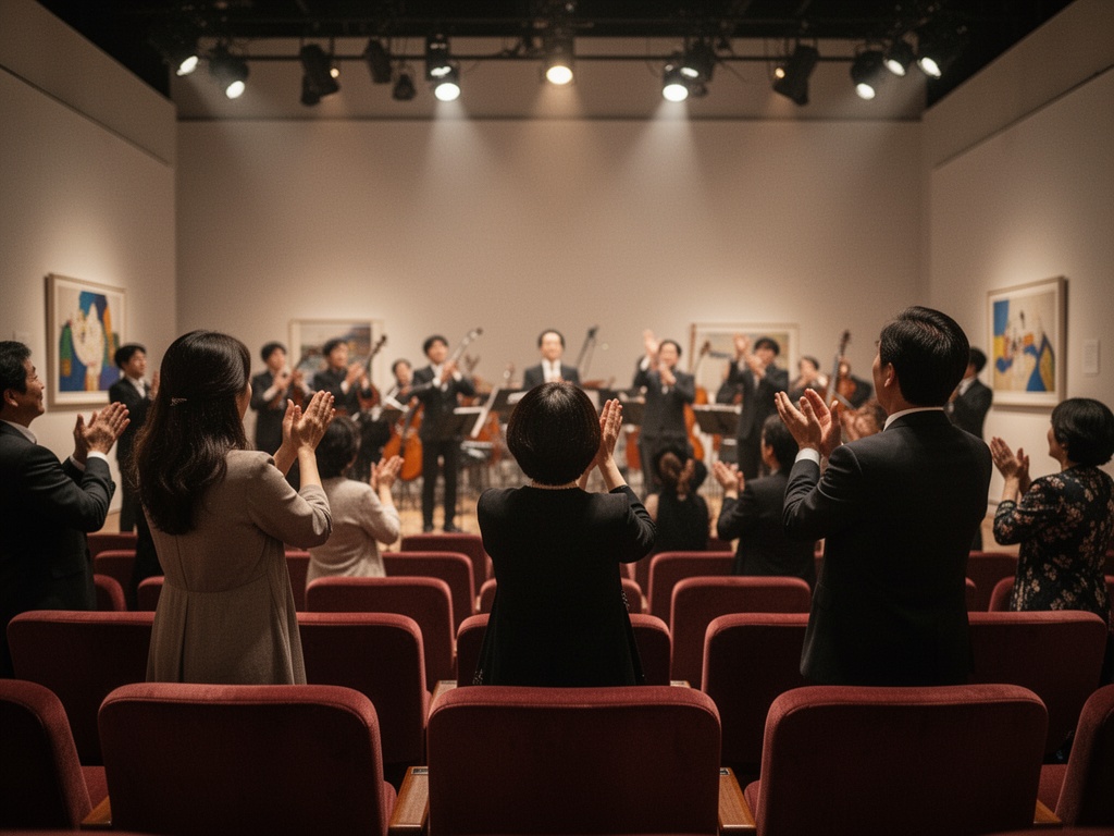 Audience members rising from seats in a theater, applauding and standing in appreciation of the musical performance.