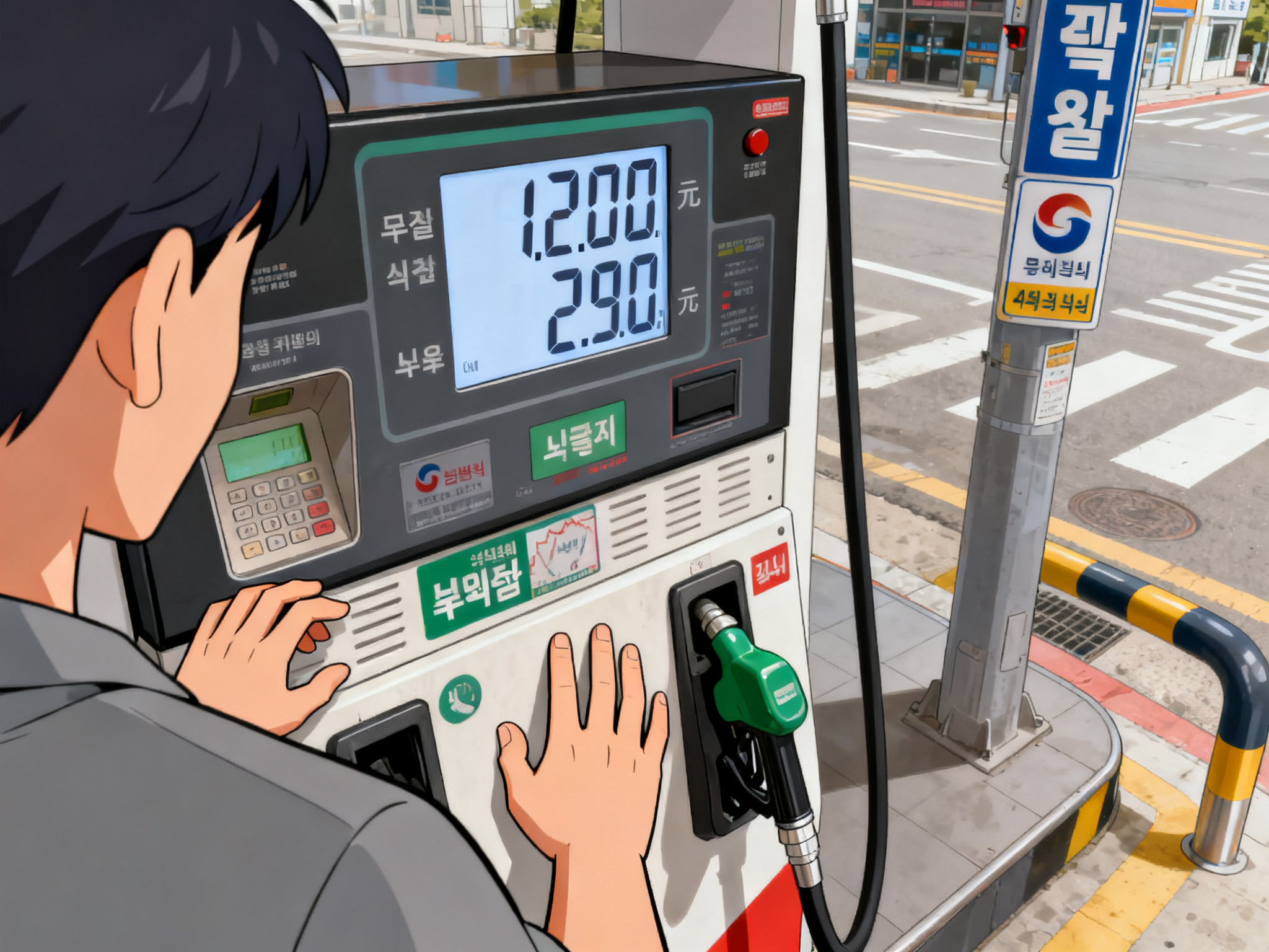 Closeup of a gas pump display and rising price numbers on a Korean street corner, reflecting consumer inflation impact.