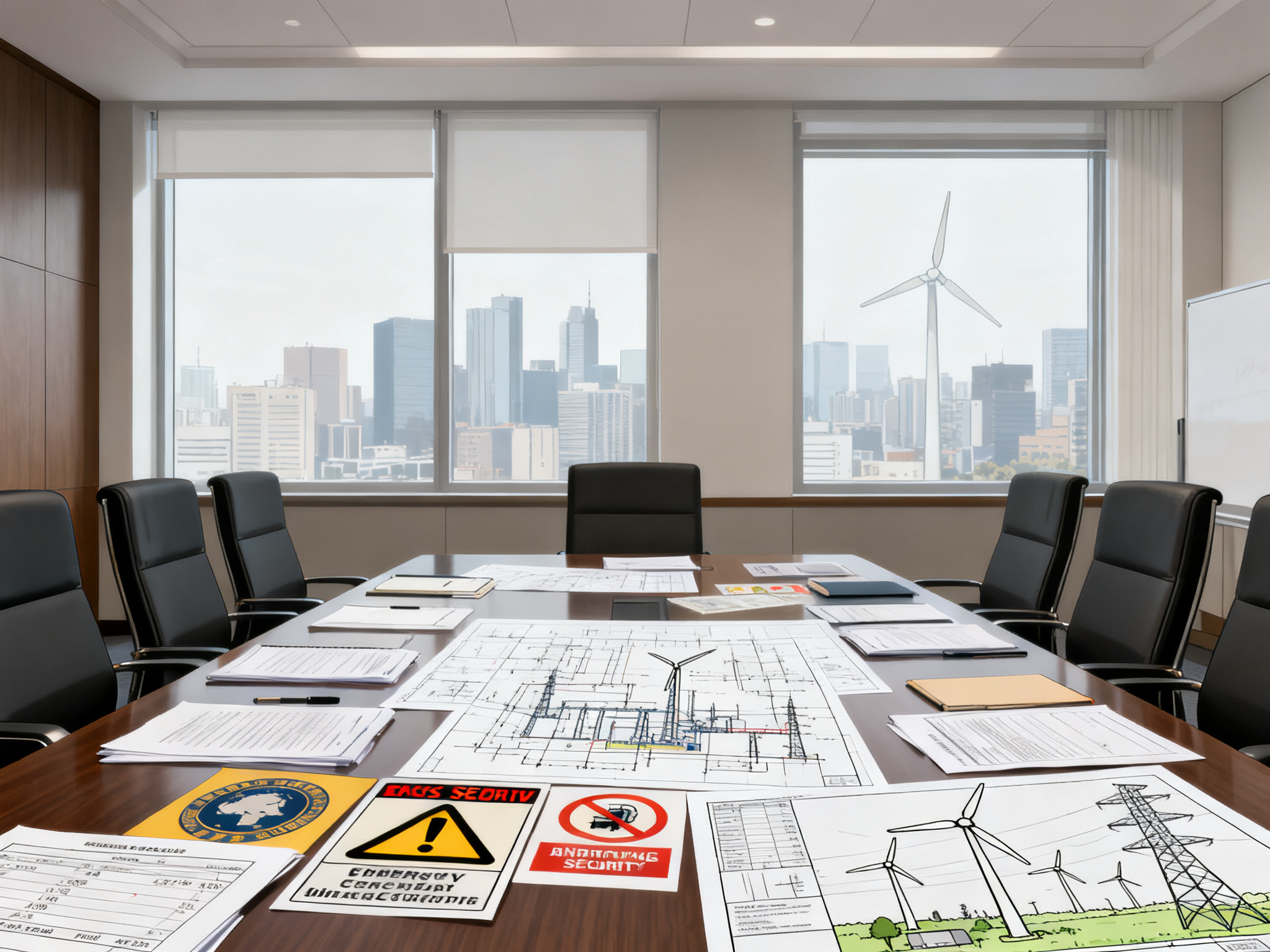 Government crisis response meeting room with documents, energy security alerts, and alternative energy infrastructure blueprints spread across a conference table.