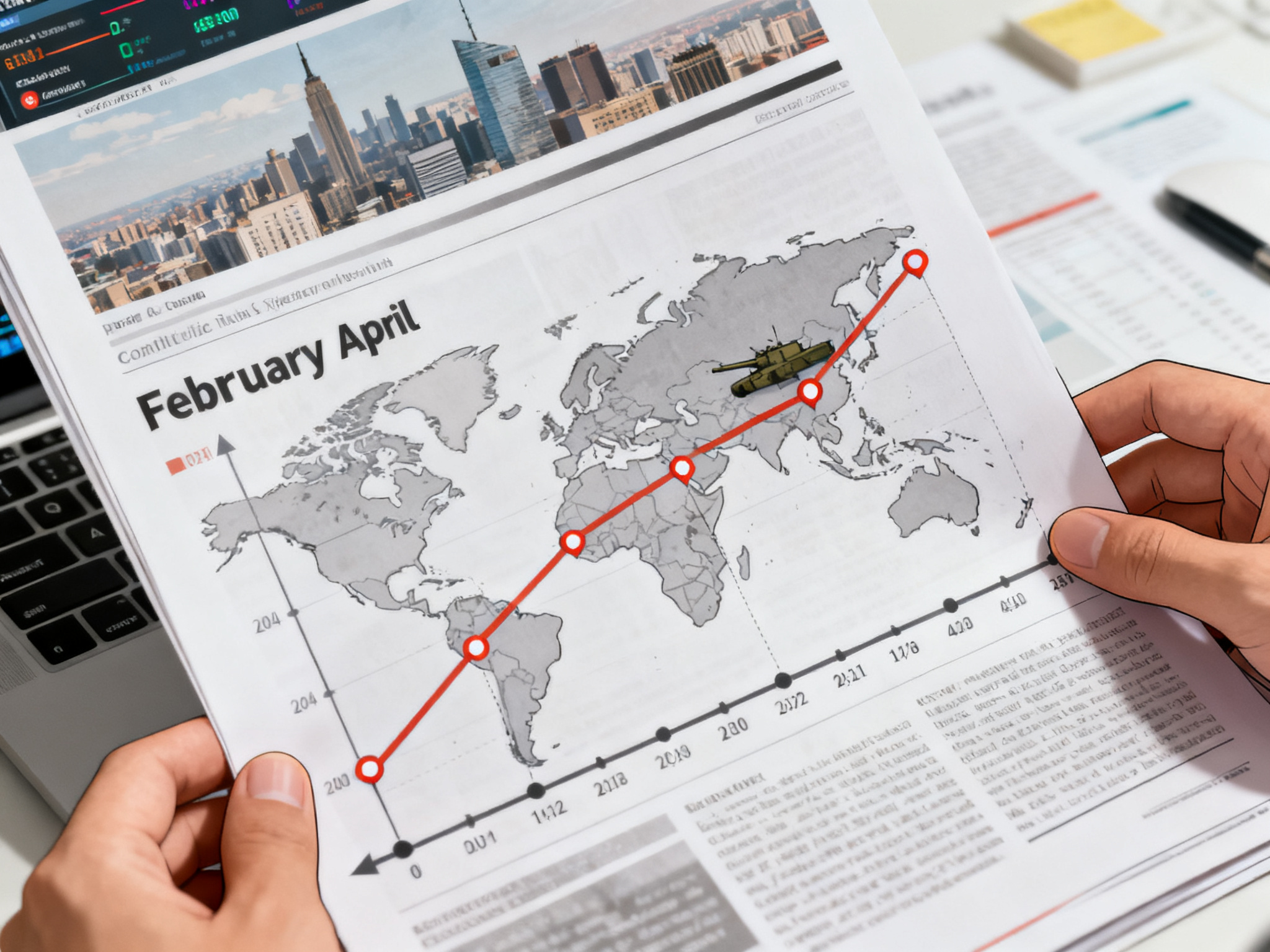A timeline visualization showing military conflict escalation from February through April with geographical markers and dates.