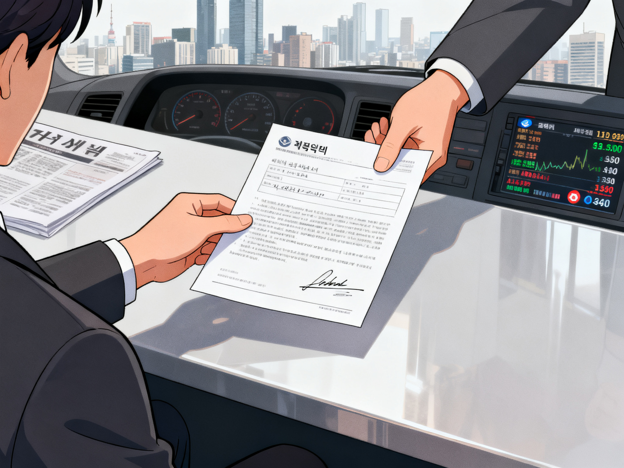 A close-up of hands exchanging signed official papers across a polished desk, back-of-hand visible only.