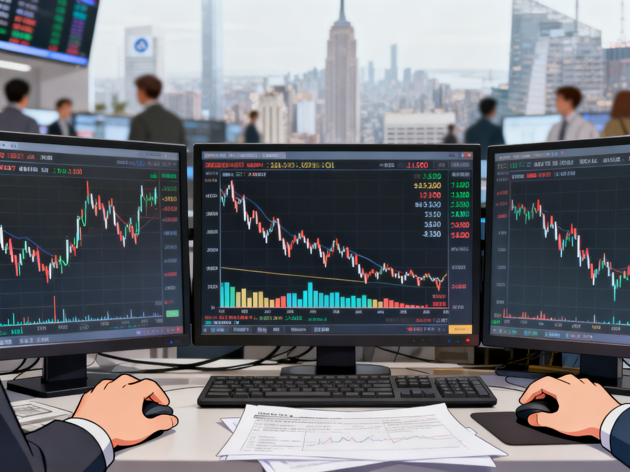 An oil trading floor with digital screens displaying price charts and downward trending lines, ambient market activity blurred in background.