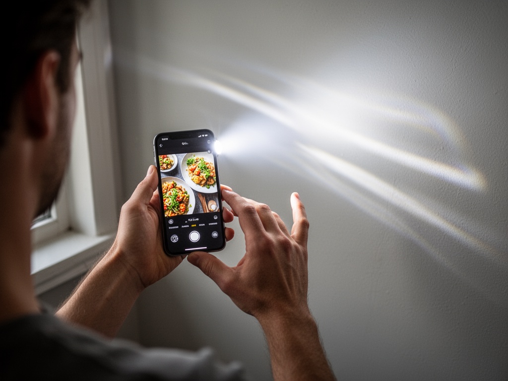 Hands holding a smartphone at maximum brightness with flashlight app activated, beam sweeping slowly across the wall surface in parallel motion.